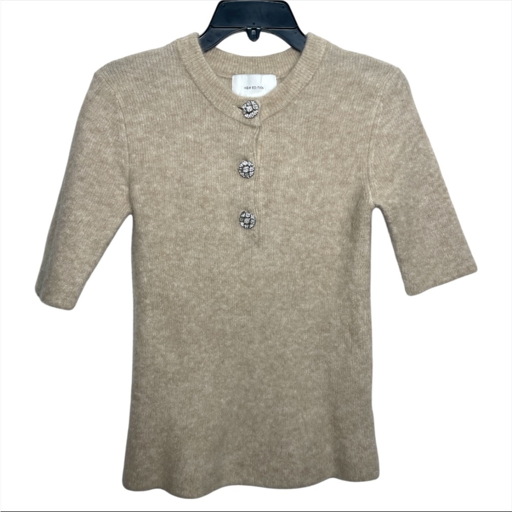 HM Edition Womens Small Beige Mohair Wool Knit Top Crystal Jeweled Button Short